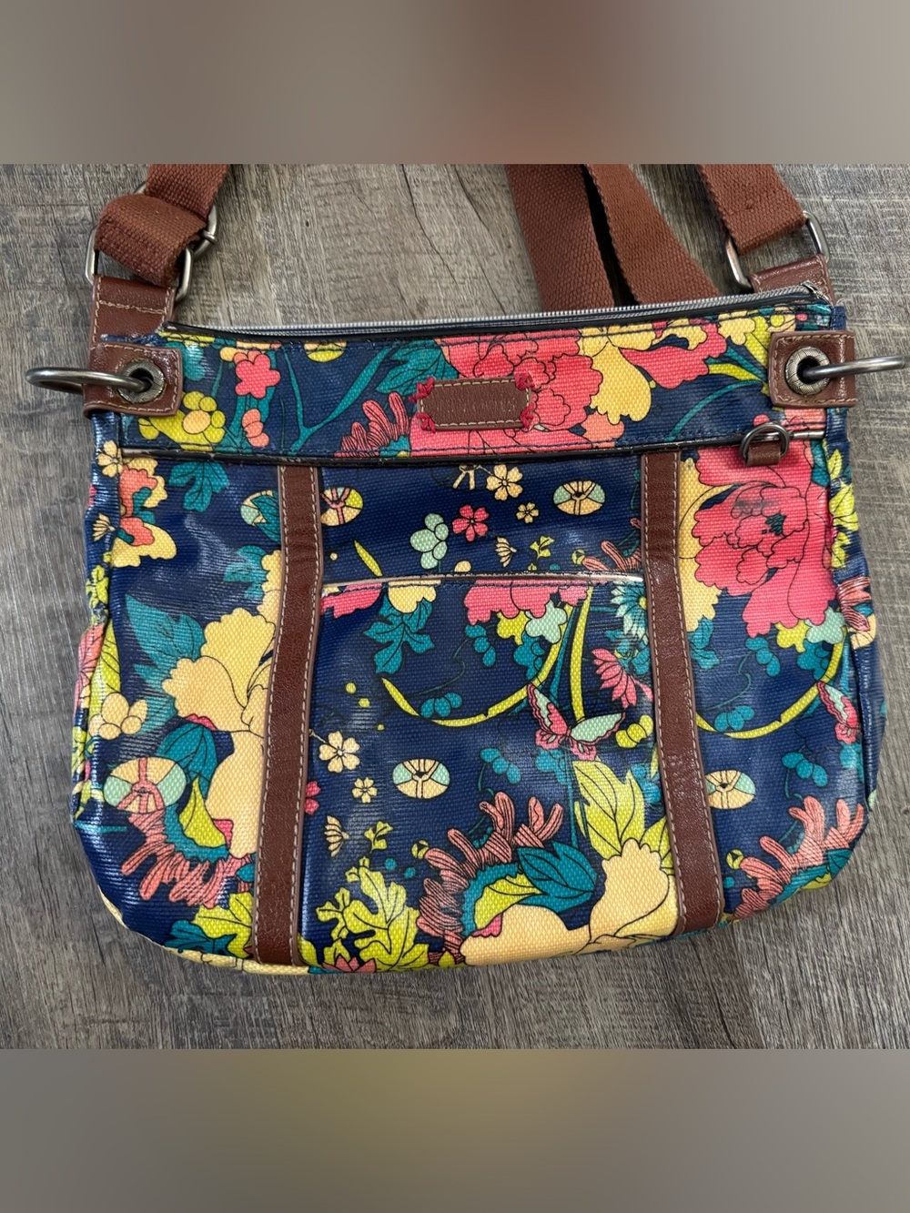 Sakroots Navy Floral Canvas Shoulder Bag with Brown Trim